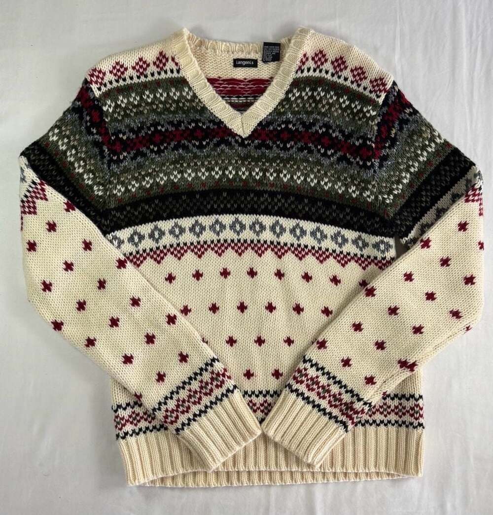 Vintage 90s womens Fair Isle V-Neck Sweater Size L Cream Wool Blend